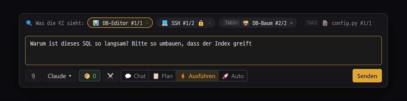 Chips "Was die KI sieht" und Modus-Buttons über dem Eingabefeld