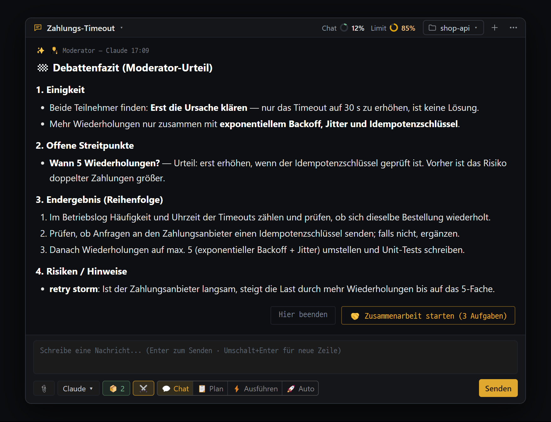 Fazitkarte, die die Moderator-KI nach der ganzen Debatte schreibt, mit Button zum Start der Zusammenarbeit