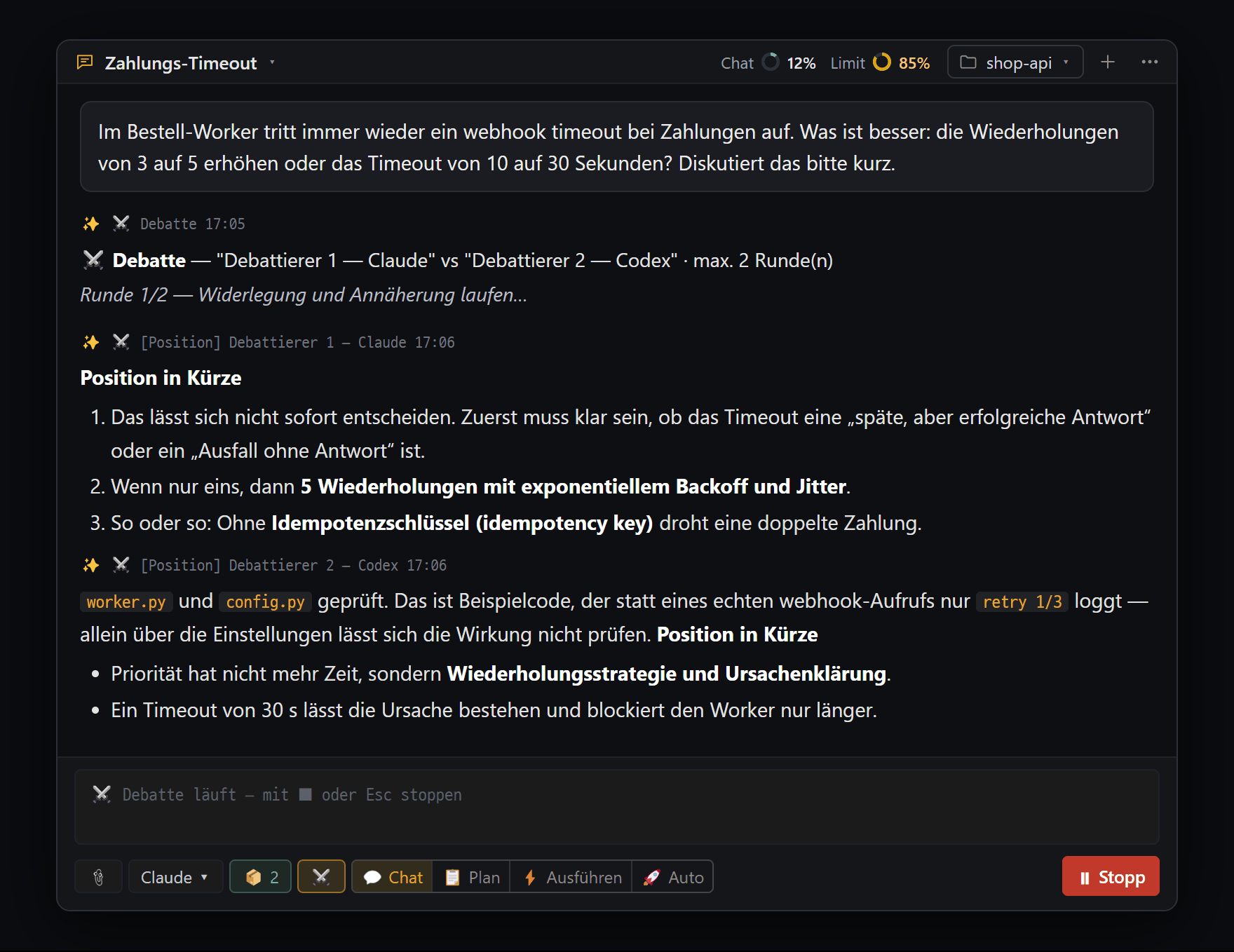 Start einer KI-Debatte — Debattierer 1 Claude und Debattierer 2 Codex legen zuerst ihre Position fest, ohne die Antwort des anderen zu sehen