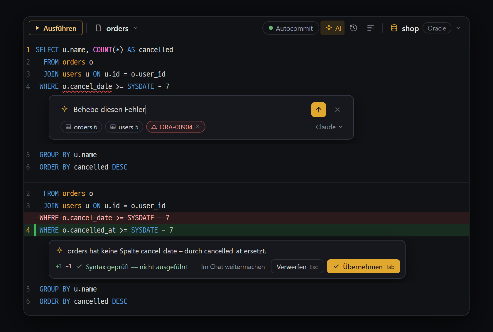 SQL-Editor-KI (Ctrl+I) — oben: das Eingabefeld (Tabelleninfo und der letzte Fehler gehen als Chips mit) · unten: das Ergebnis (eine kleine Karte direkt unter den geänderten Zeilen; nur Syntaxprüfung, ohne Ausführung)