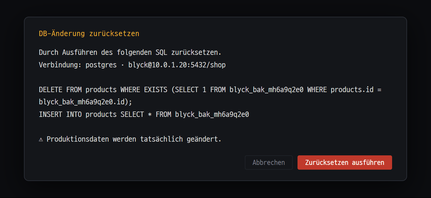 Bestätigung zum Zurücksetzen der DB — zeigt zuerst das SQL und die Verbindung