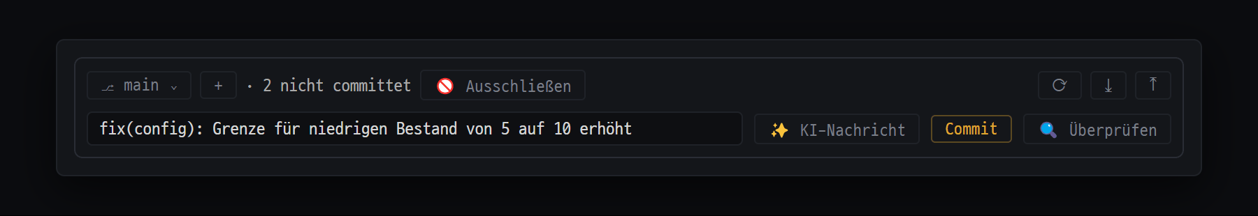 Git-Leiste oben im ChangeSet-Fenster — Branch, Zahl nicht committeter Änderungen und Feld für die Commit-Nachricht