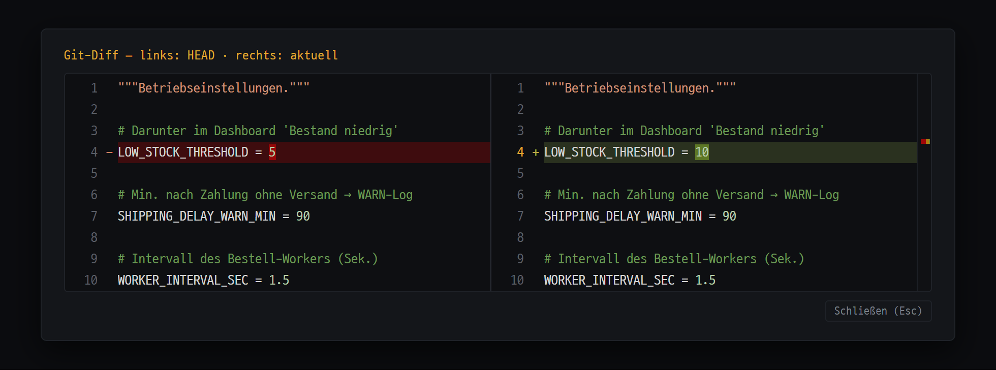 Fenster 'Git-Diff — links: HEAD · rechts: aktuell', geöffnet über ⋯ → "Mit letztem Commit vergleichen" im Editor — letzter Commit und aktueller Inhalt nebeneinander