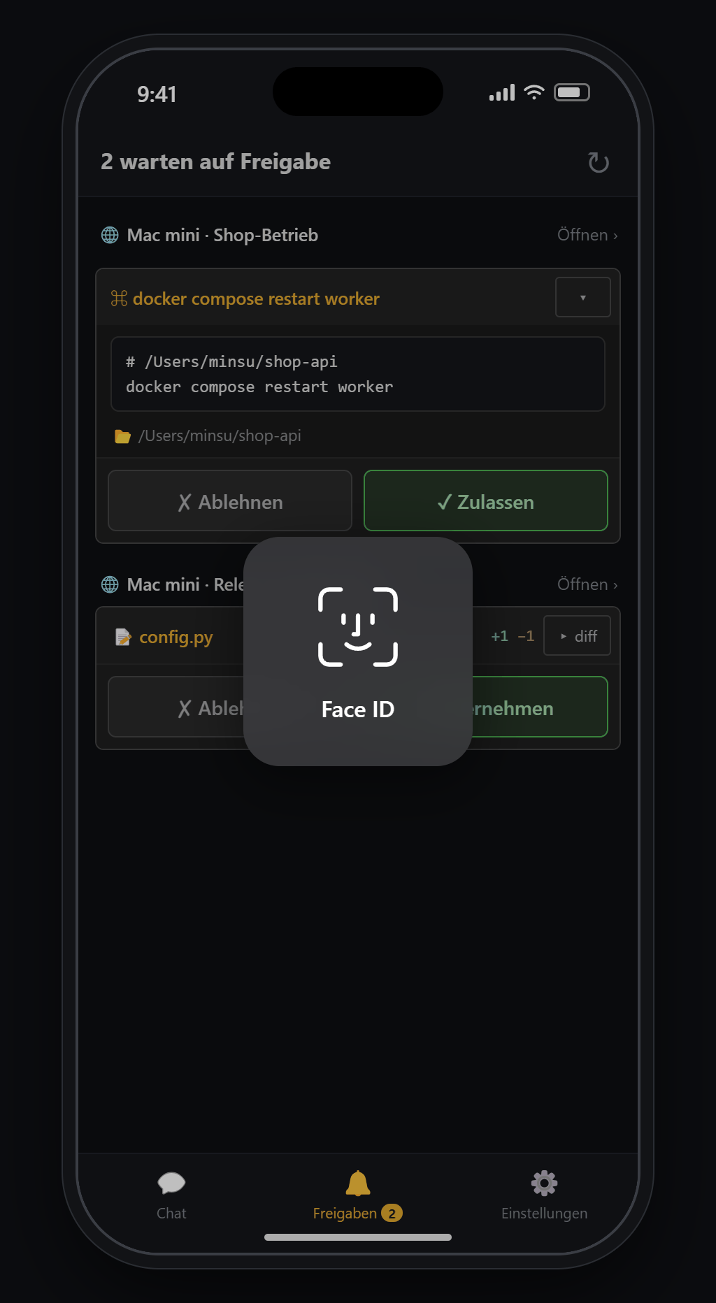 Tab Freigaben in der Blyck-Handy-App — nach ✓ Zulassen folgt die Bestätigung per Face ID