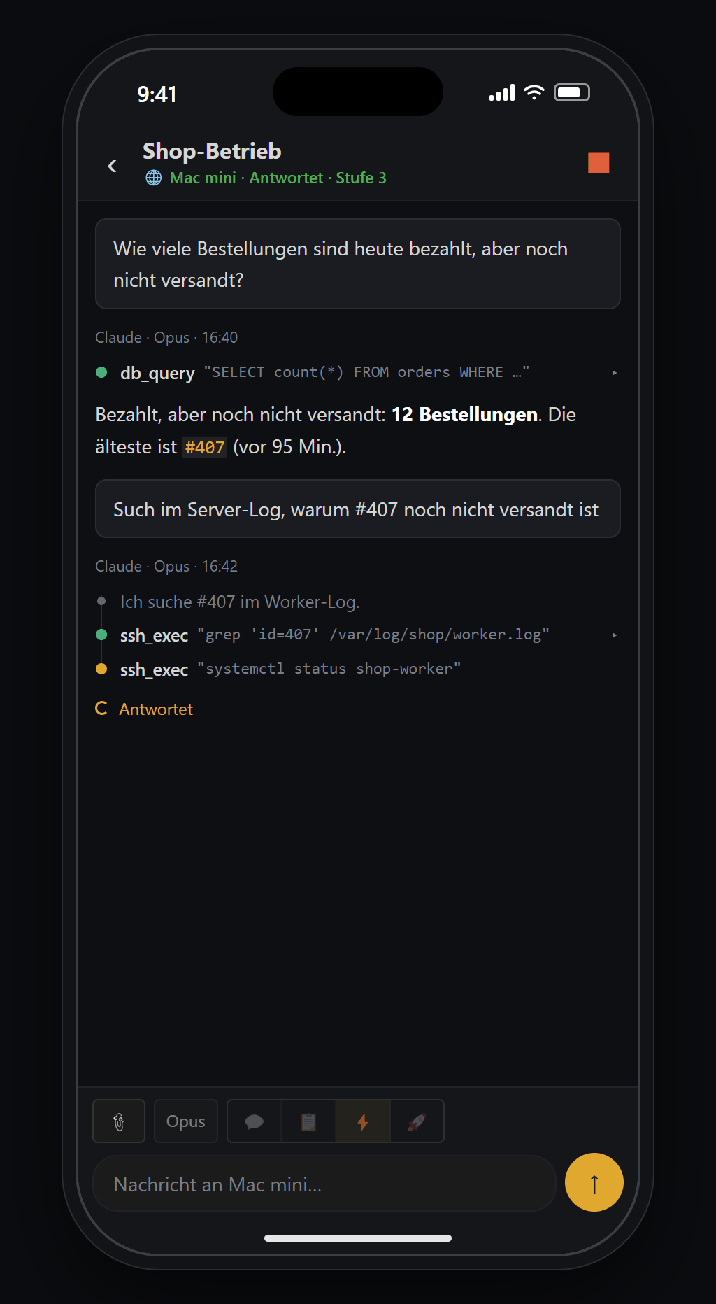 Chat in der Blyck-Handy-App — die Antwort der KI am PC live verfolgen