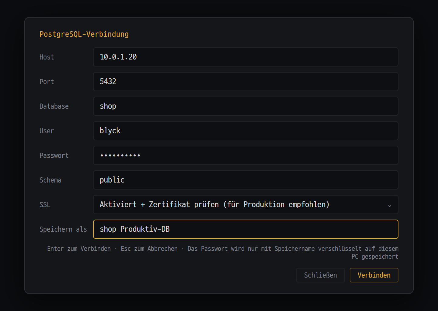 PostgreSQL-Verbindung — Serveradresse, Konto, SSL, Speichername