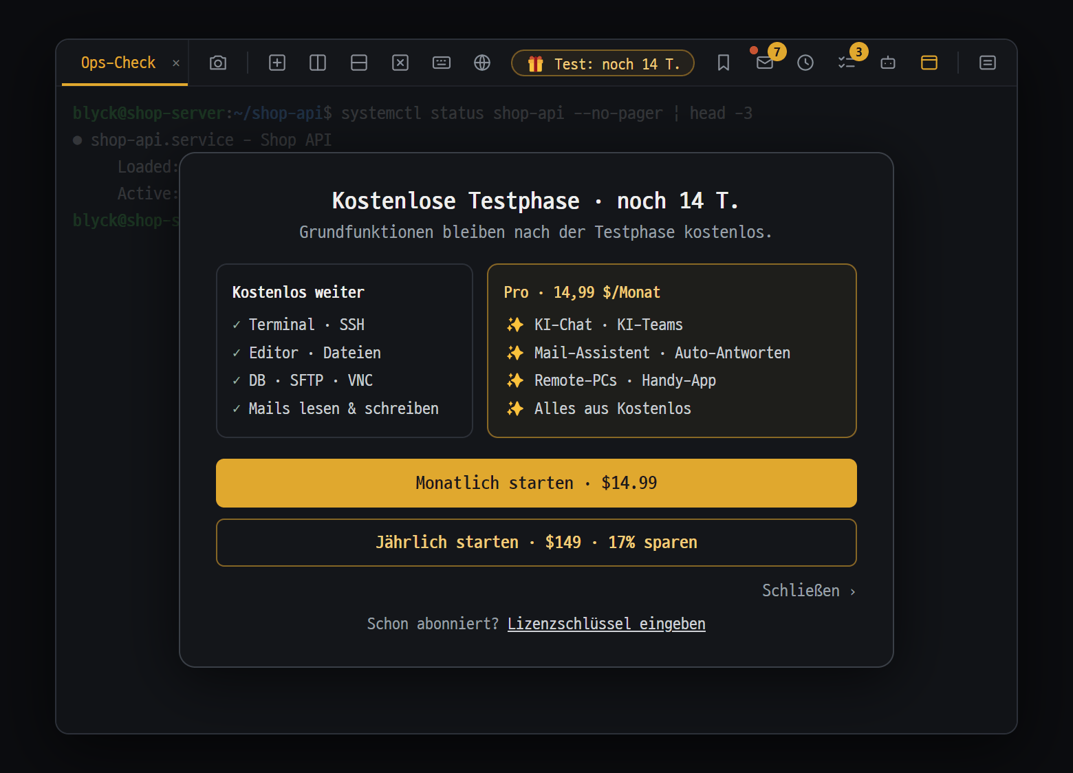 Fenster zu Preisen und Testphase, das sich nach Klick auf "🎁 Test: noch N T." öffnet