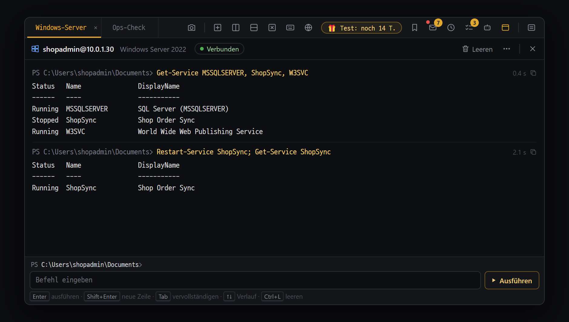 WinRM-Bereich (Ctrl+Alt+R) — PowerShell-Befehle an einen Windows-Server senden und Ergebnisse erhalten
