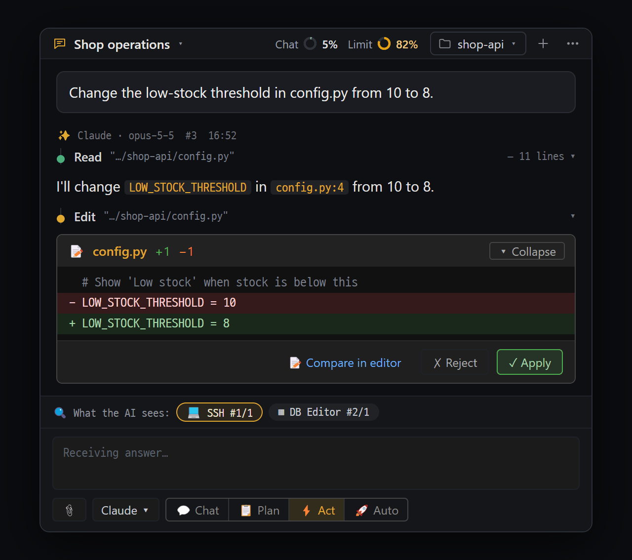 File change approval card — changed lines with Apply/Reject