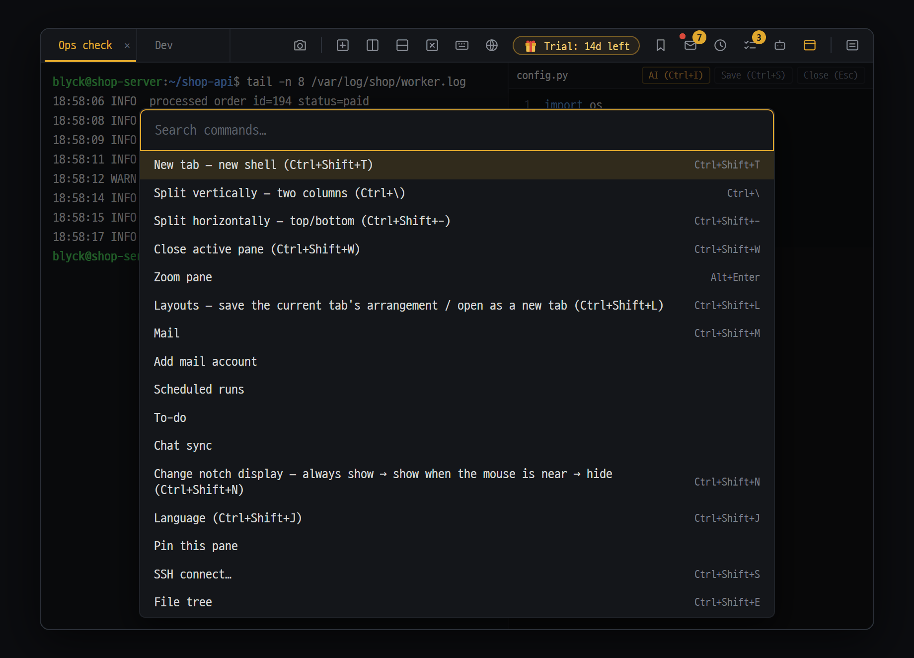 Command palette (Ctrl+Shift+P) — find a feature by name and run it