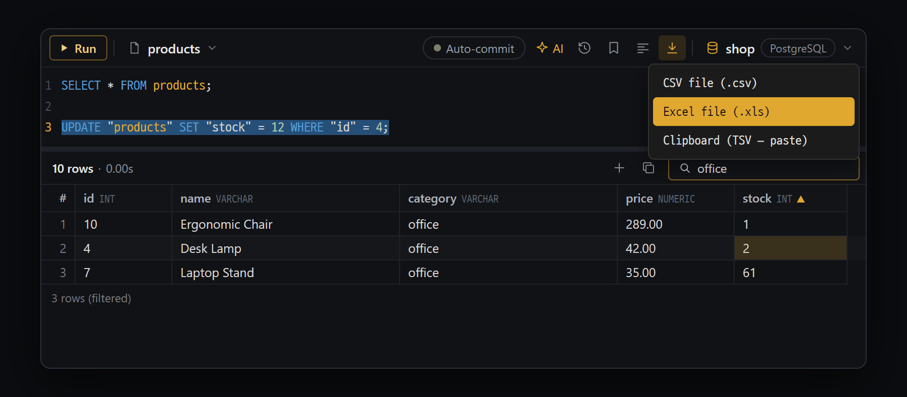 Result grid — cell editing, find, sort, export