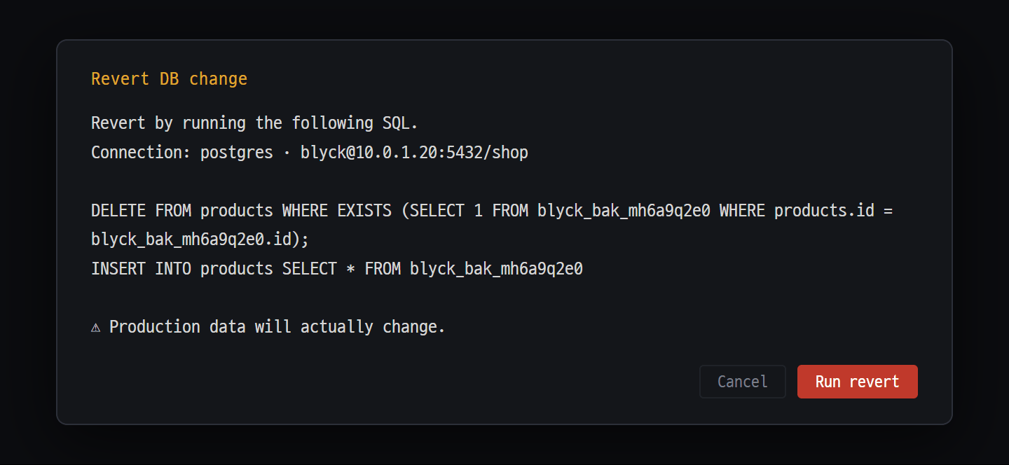 DB revert confirmation — shows the SQL to run and the connection first