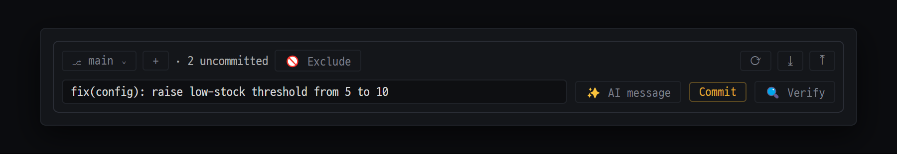 Git bar at the top of the ChangeSet window — branch, uncommitted count and commit message box