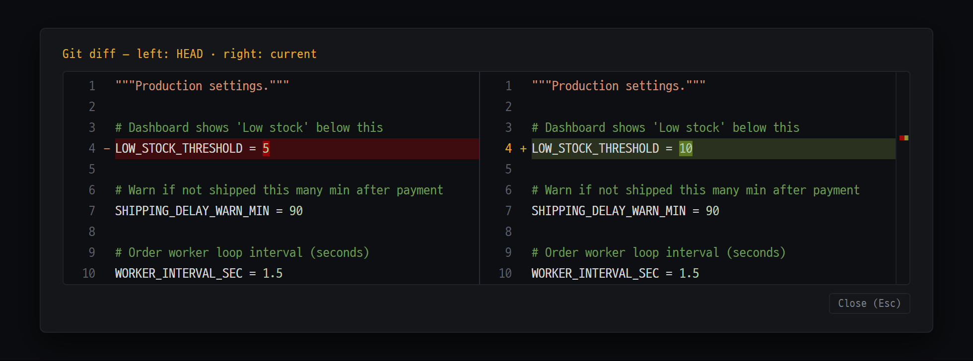 The 'Git diff — left: HEAD · right: current' window opened with the editor's ⋯ → "Compare with last commit" — the last commit and the current content side by side