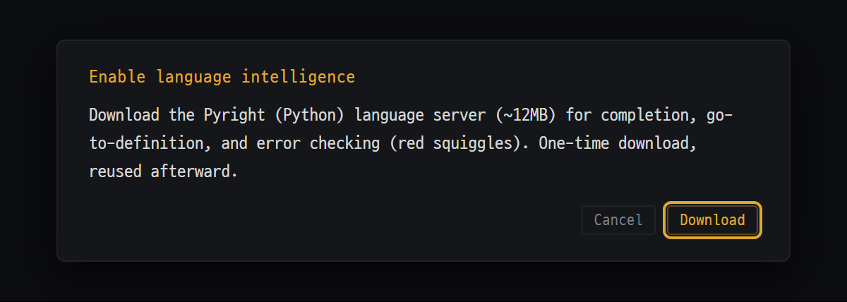 The 'Enable language intelligence' prompt shown the first time you open a Python file