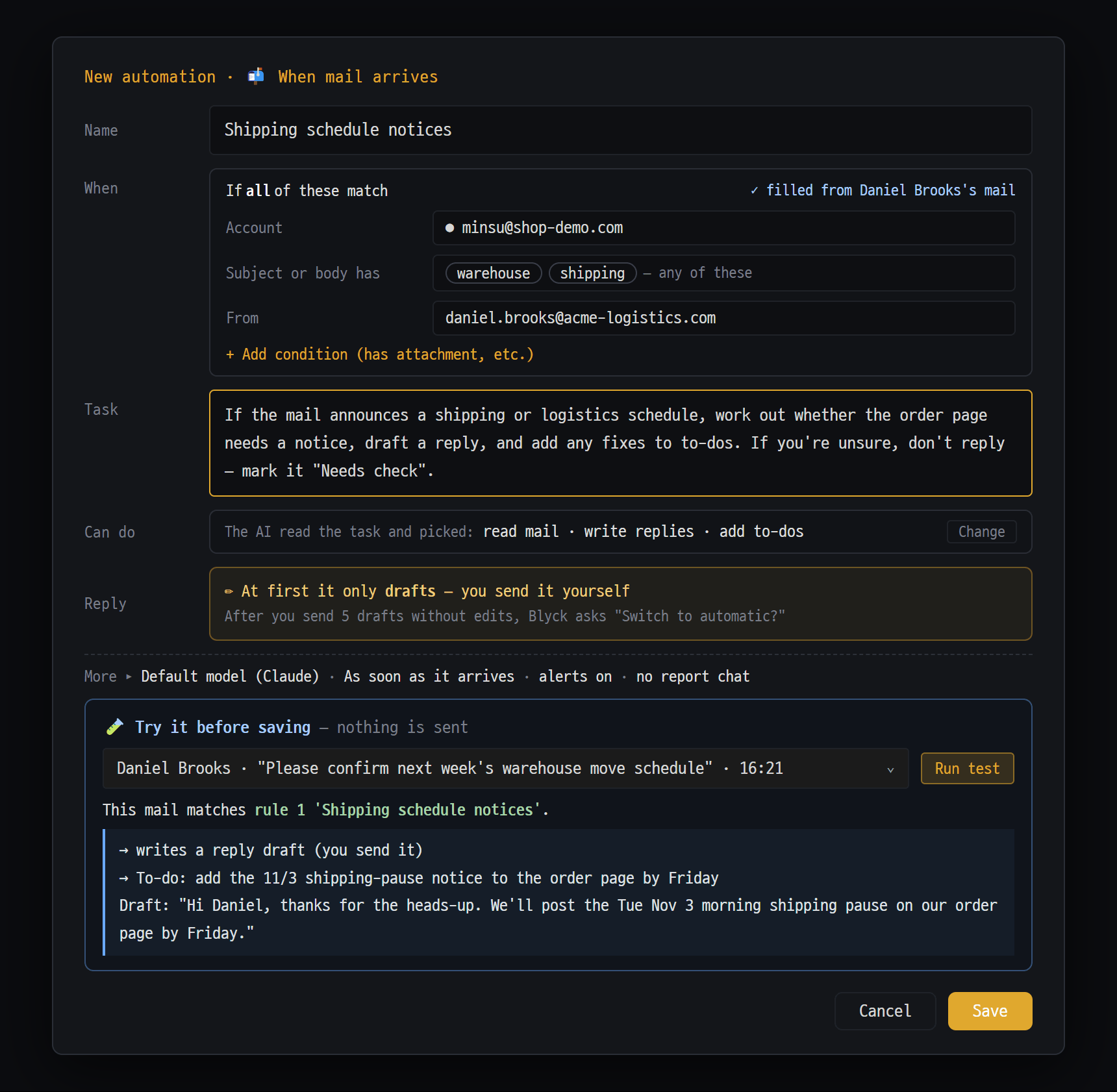 Mail rule editor — conditions filled in from a mail card, tried out before saving
