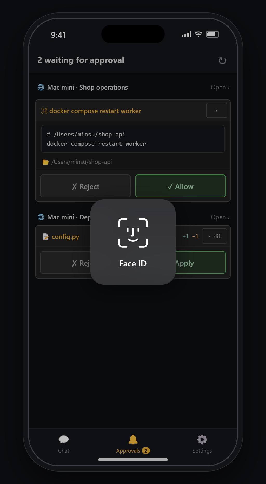Approvals tab in the Blyck phone app — tapping ✓ Allow asks for Face ID