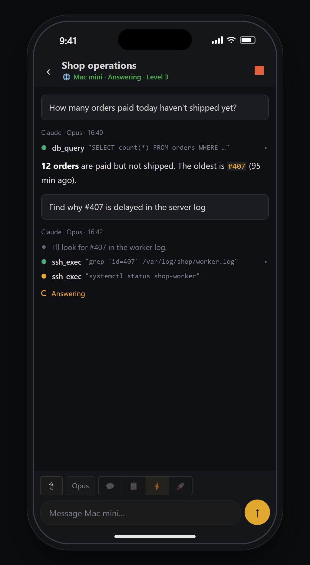 Chat screen in the Blyck phone app — watching the PC's AI answer live