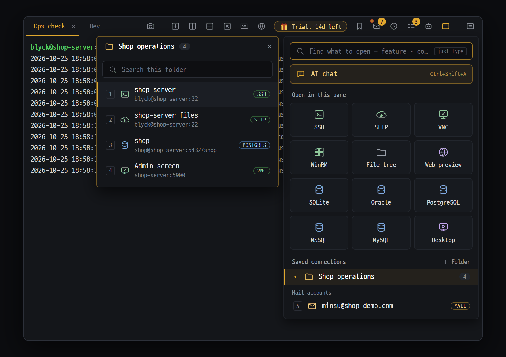New tab menu — search box, AI chat, Open in this pane (icon tiles), saved connections and the folder panel