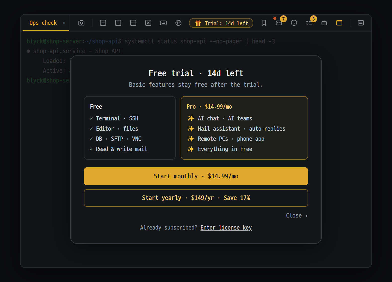 Plans and trial window that opens when you click "🎁 Trial: Nd left"