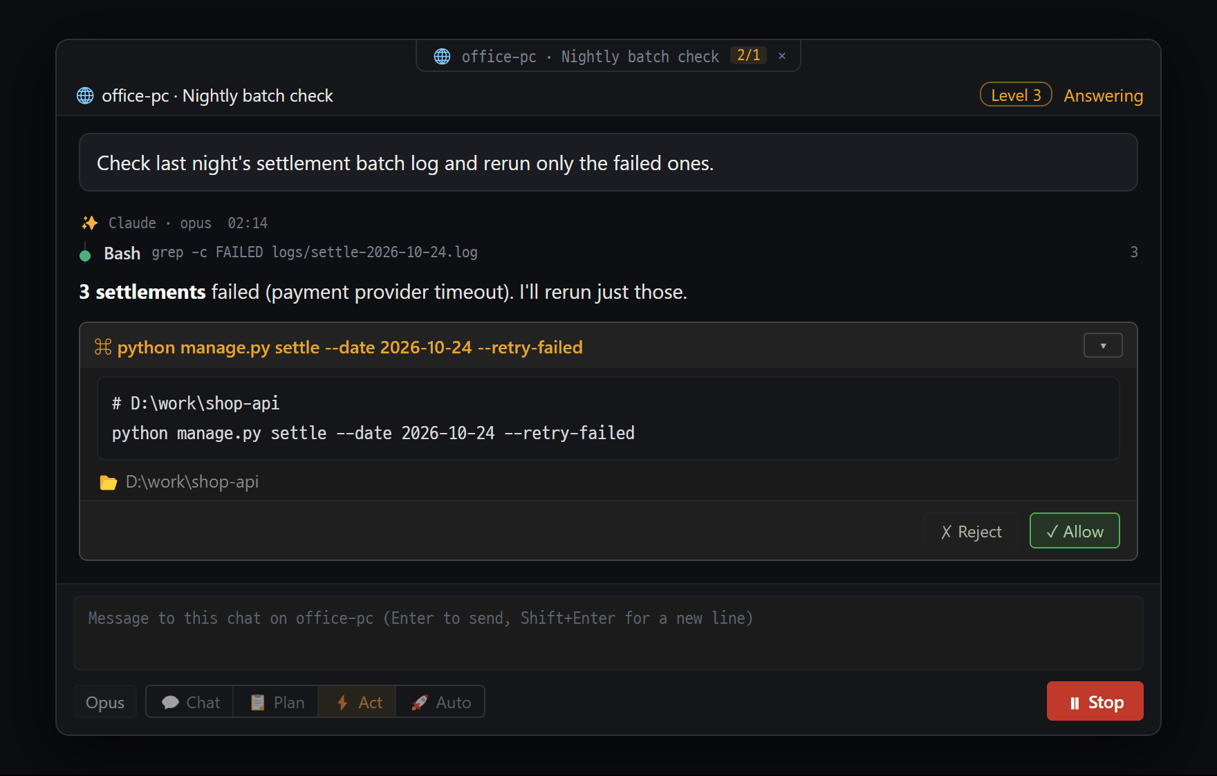 Remote chat window — viewing and approving another PC's (office-pc) AI chat in a pane on this PC