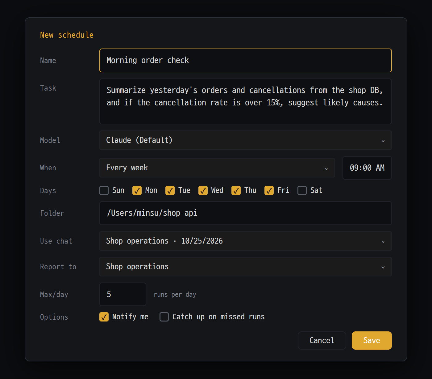 New schedule window — setting the AI to check order status at 9 a.m. on weekdays