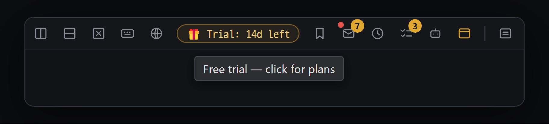 "🎁 Trial: 14d left" in the top toolbar — hover to see "Free trial — click for plans"