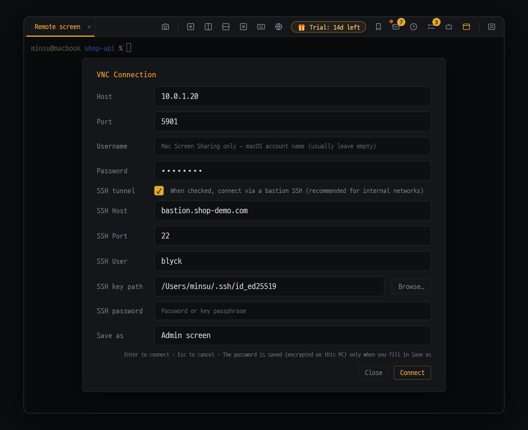 VNC connection window (Ctrl+Alt+V) — reach a PC's screen on an internal network through an SSH tunnel