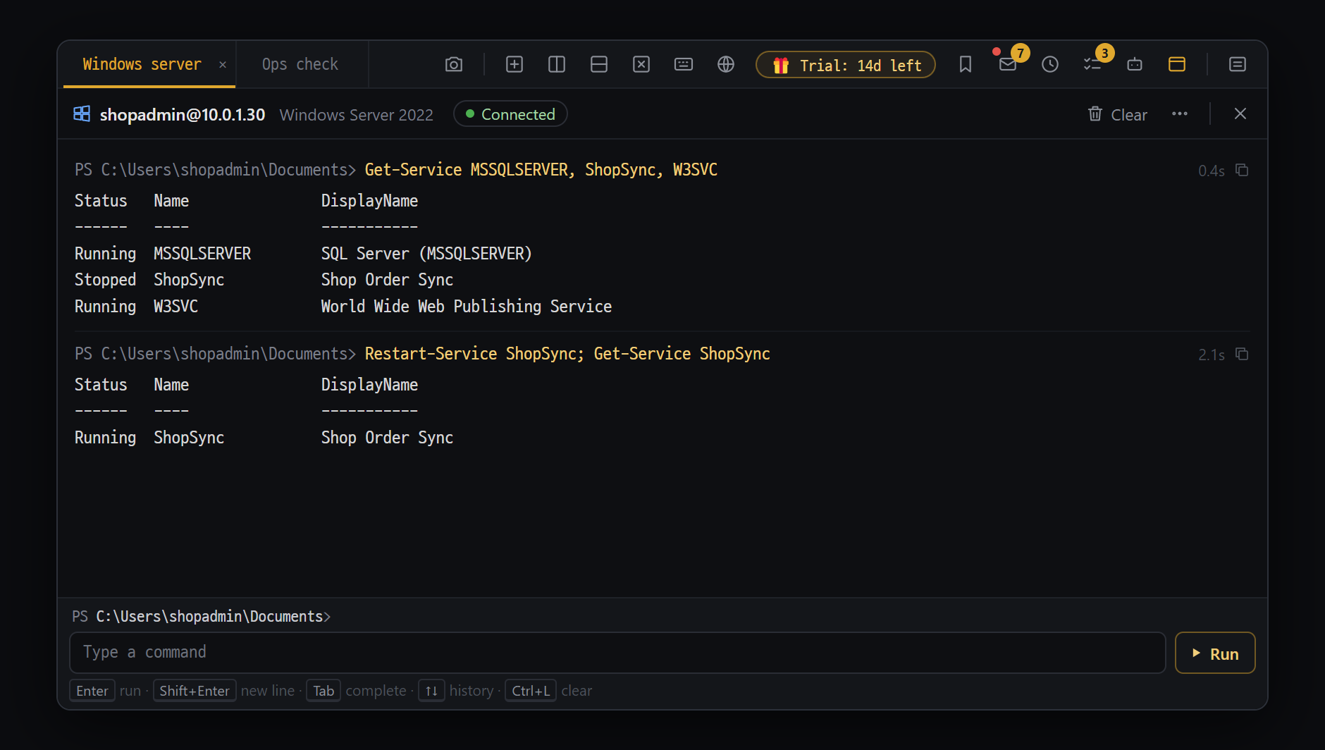 WinRM pane (Ctrl+Alt+R) — send PowerShell commands to a remote Windows server and get the results