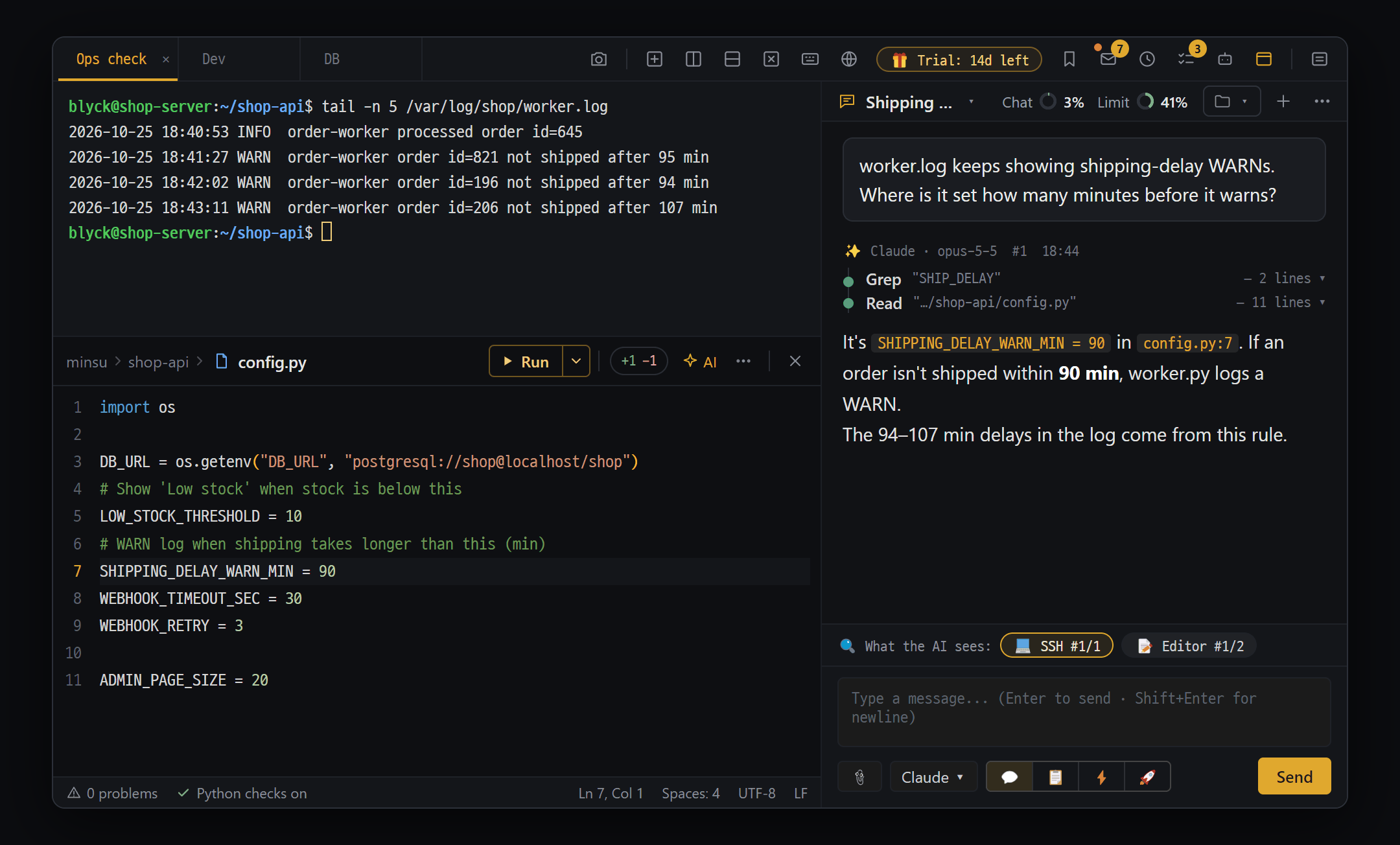 One tab split into three panes — server terminal, code editor and AI chat together