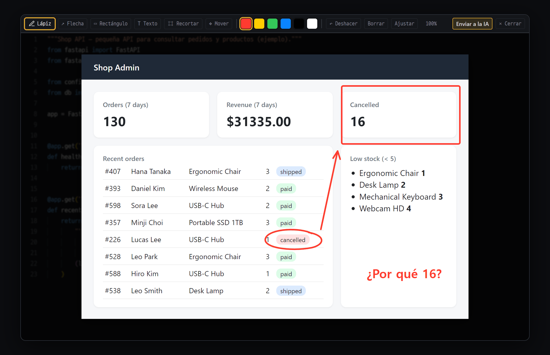 Editor de capturas: marcas con lápiz rojo, flechas, rectángulos y texto sobre la pantalla de administración de una tienda online