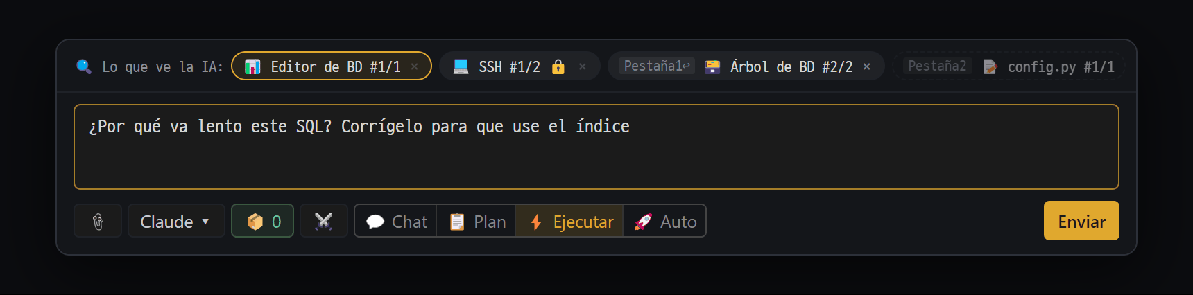 Chips de "Lo que ve la IA" sobre el campo de texto y botones de modo