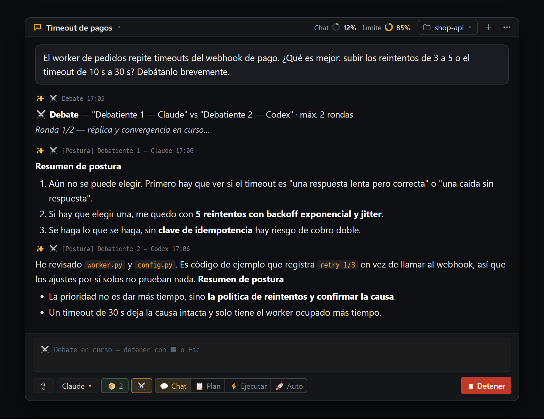 Inicio de un debate de IA — el debatiente 1 (Claude) y el debatiente 2 (Codex) dan su postura sin ver la respuesta del otro