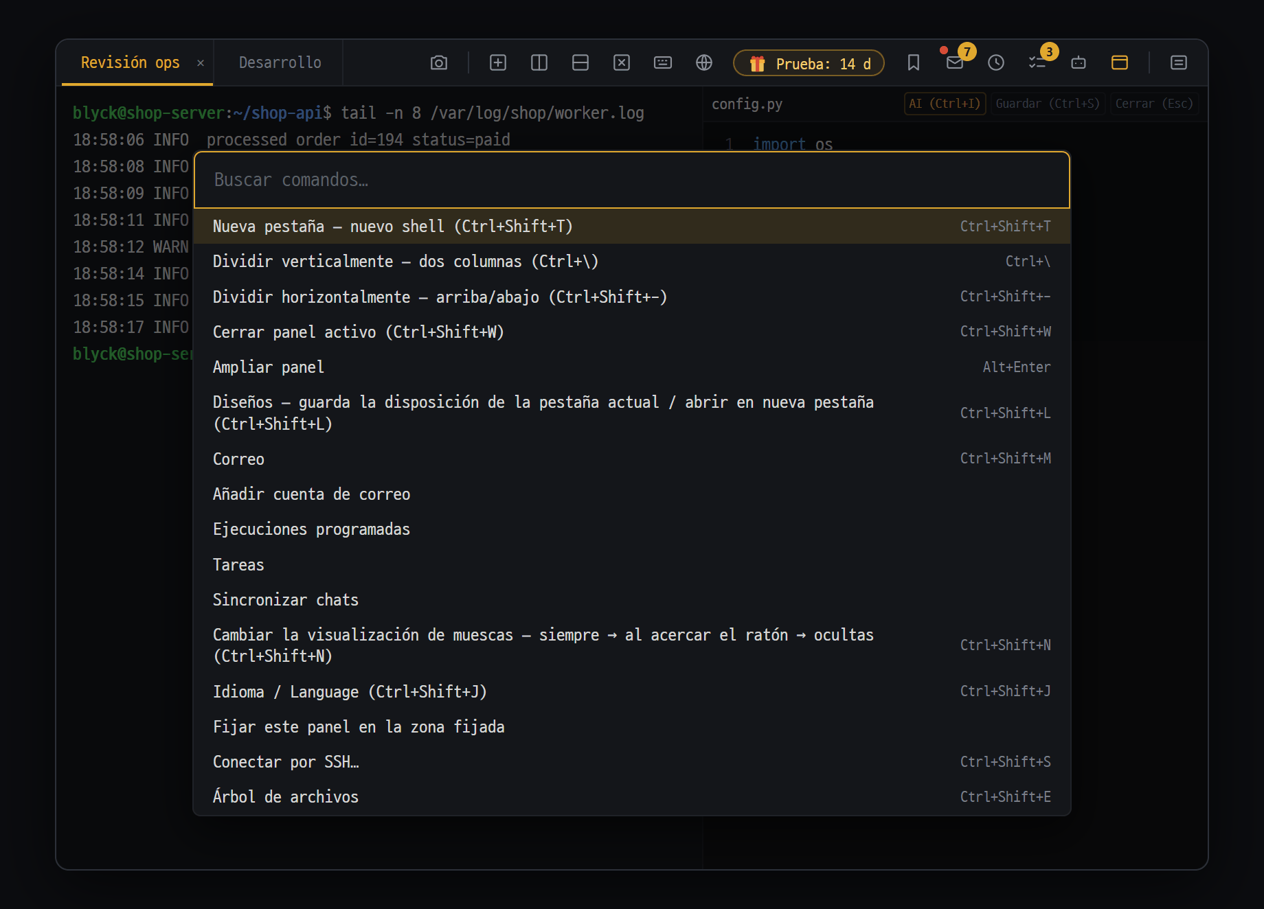 Paleta de comandos (Ctrl+Shift+P) — busca una función por su nombre y ejecútala