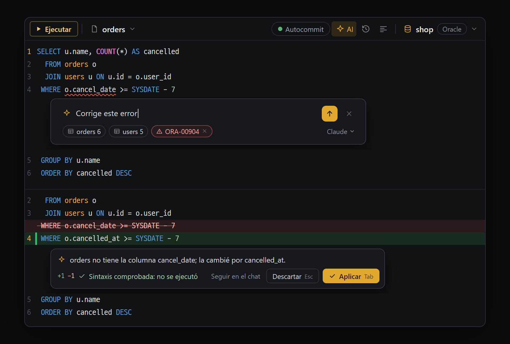 IA del editor SQL (Ctrl+I) — arriba: el cuadro de entrada (la info de tablas y el último error van como chips) · abajo: el resultado (una tarjeta pequeña bajo las líneas cambiadas; solo comprueba la sintaxis, sin ejecutar)