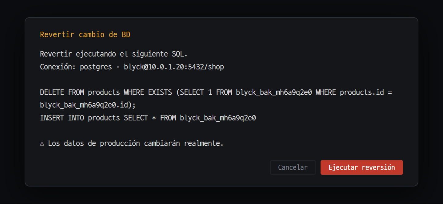 Confirmación para revertir en la BD — muestra antes el SQL y la conexión