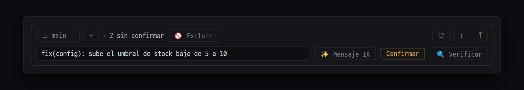 Barra de Git en la parte de arriba de ChangeSet — rama, cambios sin confirmar y campo del mensaje de commit