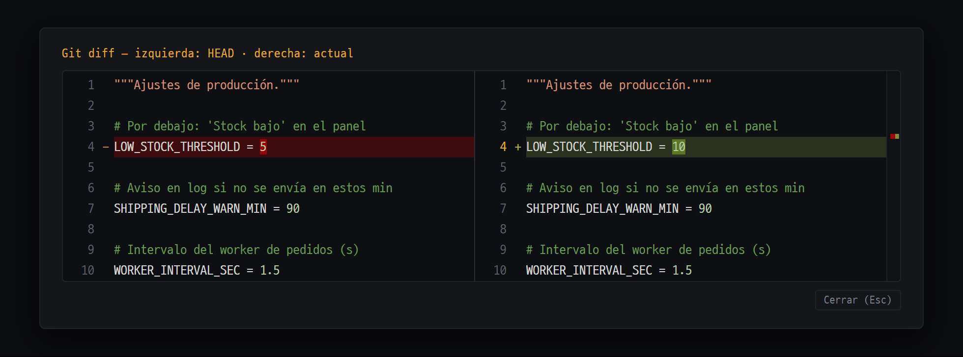 Ventana 'Git diff — izquierda: HEAD · derecha: actual' abierta con ⋯ → "Comparar con el último commit" del editor — compara lado a lado el último commit y el contenido actual
