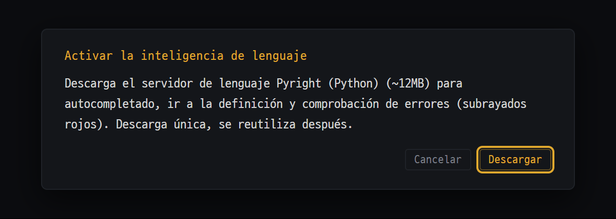 Aviso 'Activar la inteligencia de lenguaje' que aparece al abrir por primera vez un archivo Python