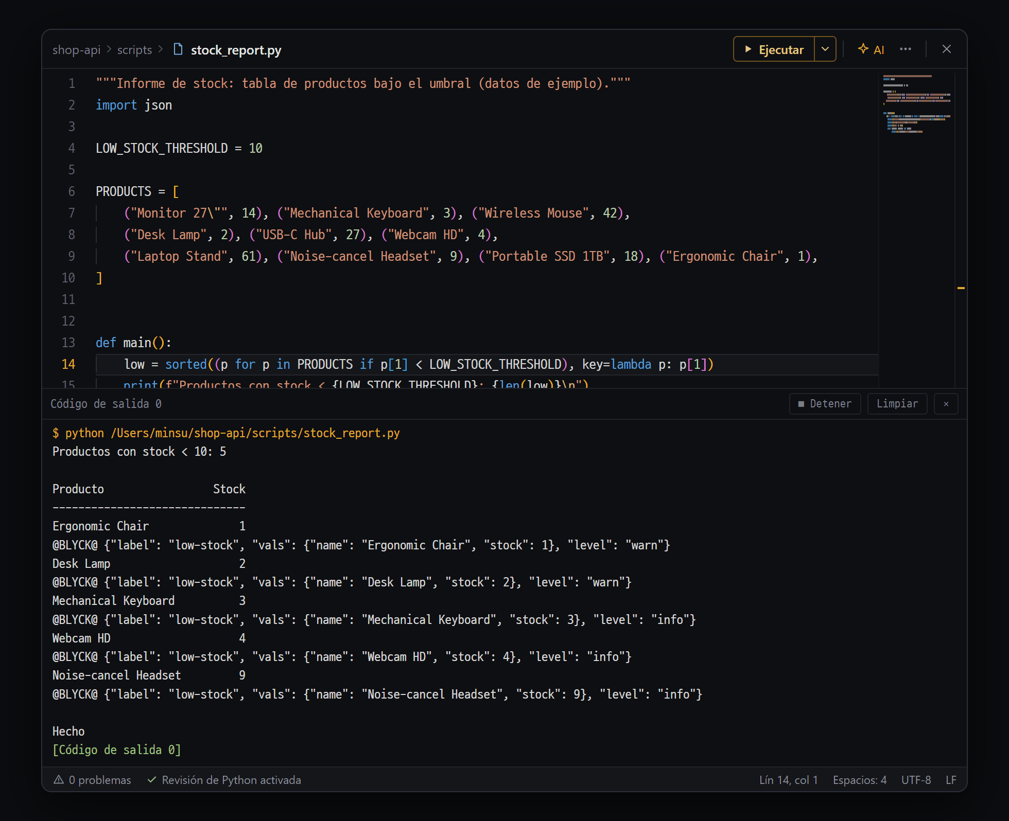 Ejecutar stock_report.py con ▶ Ejecutar del editor y ver el resultado en el panel de salida