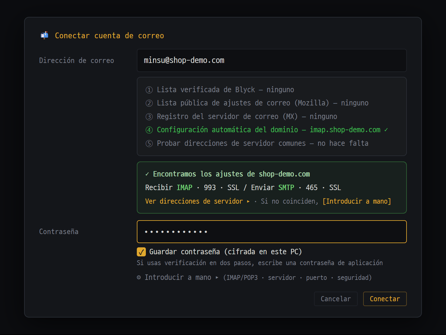 Ventana para conectar una cuenta de correo — al escribir la dirección, encuentra sola la configuración del servidor