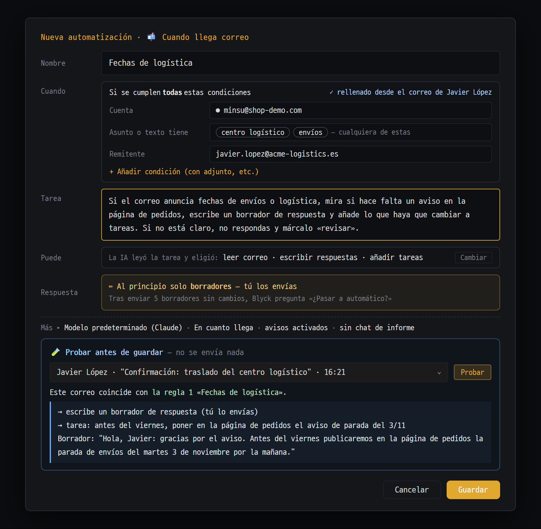 Editor de reglas de correo — se crea desde una tarjeta de correo con las condiciones ya puestas y se prueba antes de guardar