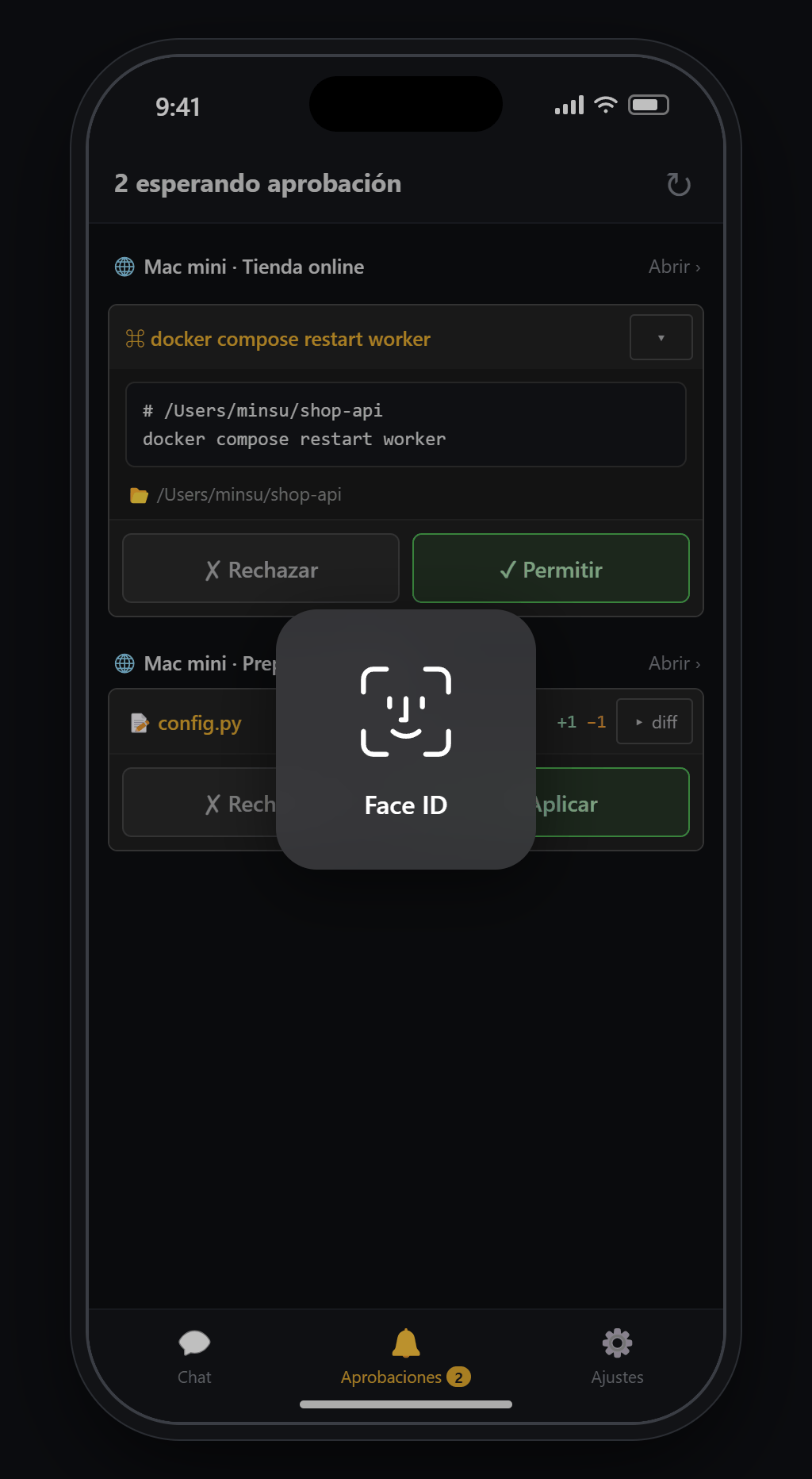 Pestaña Aprobaciones de la app Blyck en el móvil — al tocar ✓ Permitir, se verifica tu identidad con Face ID