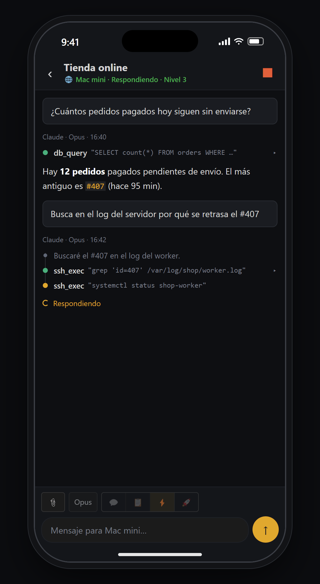 Pantalla de chat de la app Blyck en el móvil — ves en tiempo real cómo responde la IA del PC