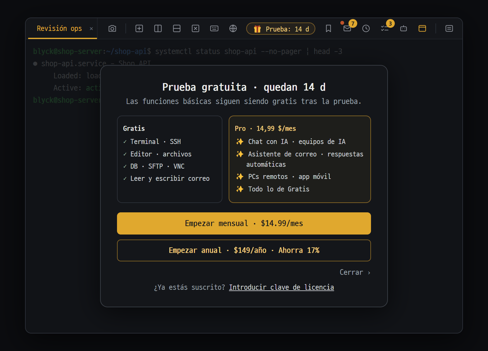 Ventana de planes y prueba que se abre al pulsar "🎁 Prueba: N d"