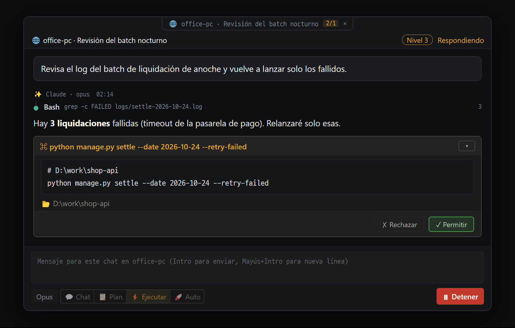 Chat remoto: ves y apruebas, en un panel de este PC, el chat de IA de otro PC (office-pc)