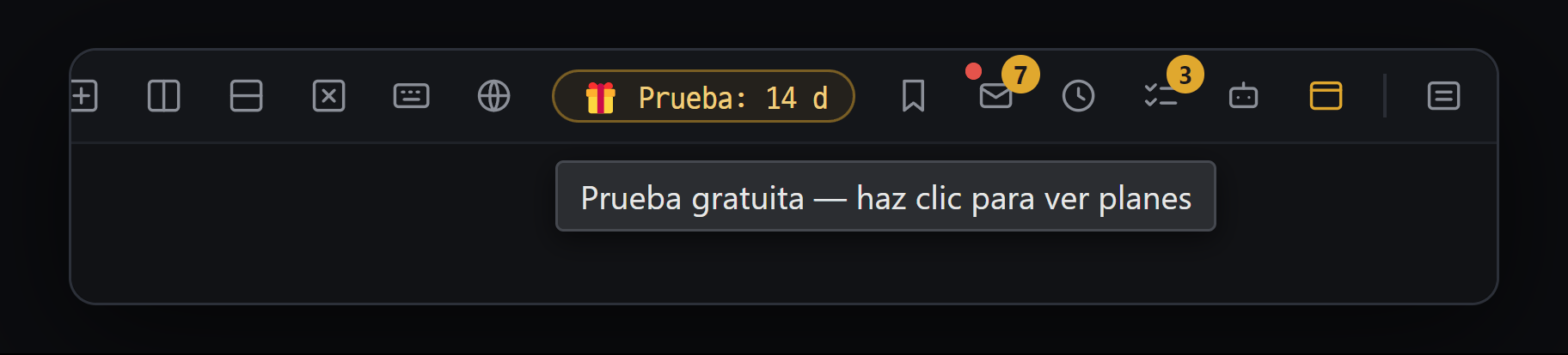 Indicador "🎁 Prueba: 14 d" en la barra superior — al pasar el ratón: "Prueba gratuita — haz clic para ver planes"