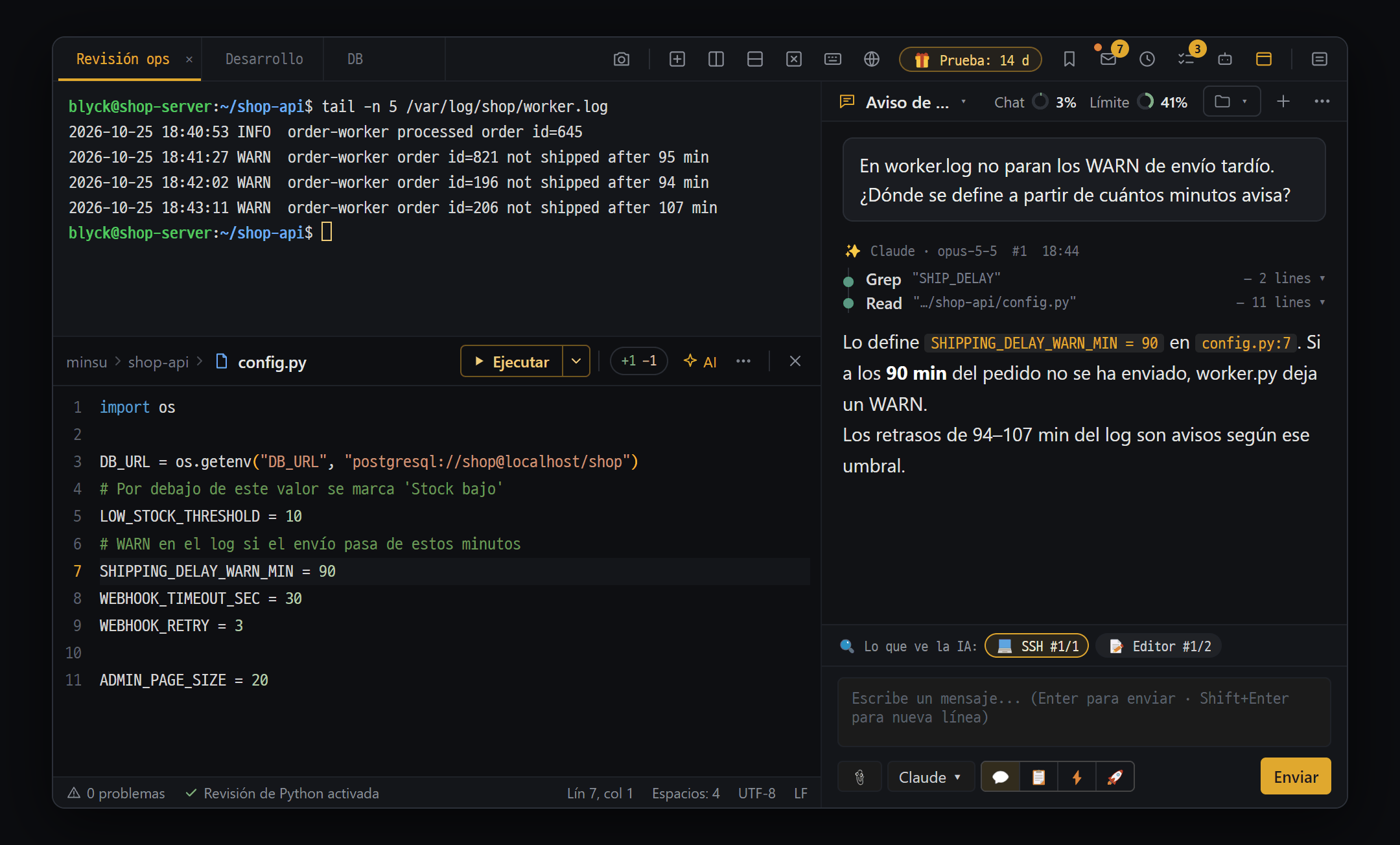 Una pestaña dividida en tres paneles: terminal del servidor, editor de código y chat con IA a la vez