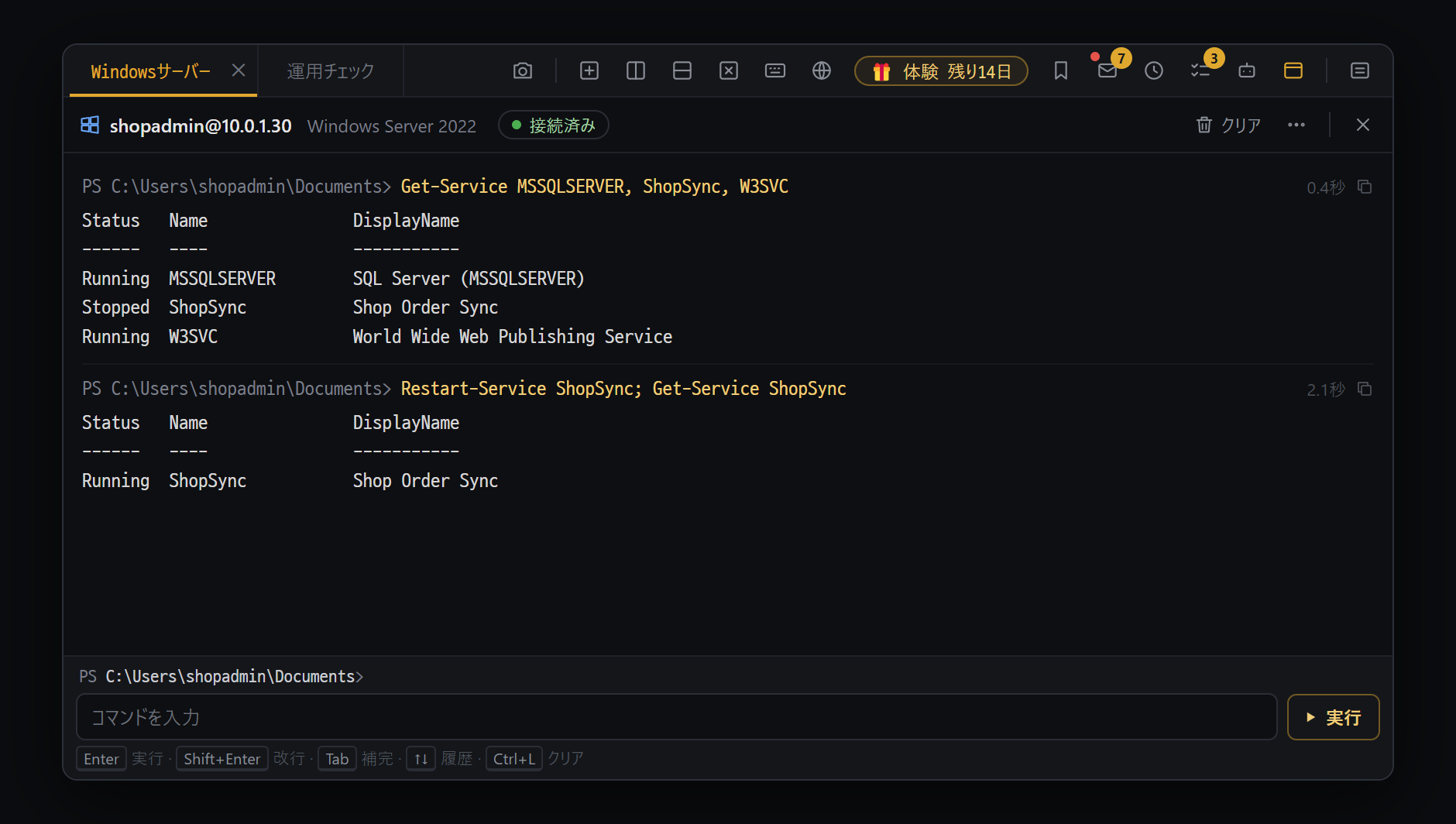 WinRM ペイン(Ctrl+Alt+R)— リモートの Windows サーバーに PowerShell コマンドを送って結果を受け取る