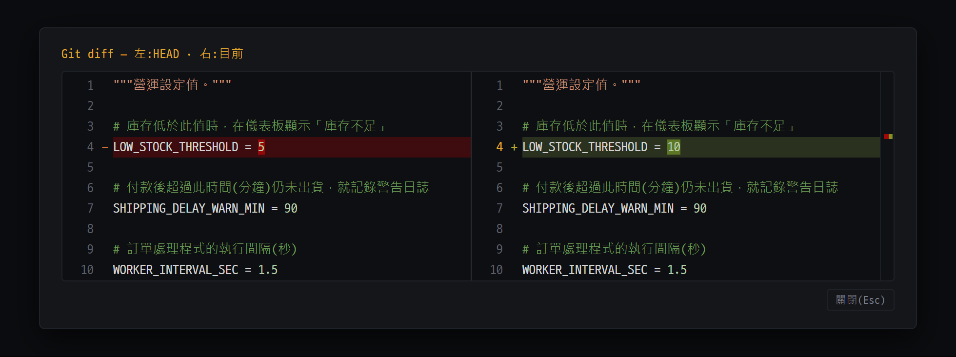 用編輯器 ⋯ →「與上次提交比對」開啟的 'Git diff — 左 · 右' 視窗 — 並排比較最後一次提交和目前的內容